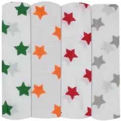 Bacati - Stars Neutral Swaddling Muslin Blankets Of 4 (Green,Orange,Red,Gray) -Children'S Home Furnishings Store GUEST 3e47f474 5cd4 4421 a9b8 e4ec18b6e7a6