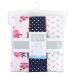 Hudson Baby Infant Girl Quilted Cotton Swaddle Wrap 3pk, Pink Navy Floral, 0-3 Months