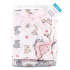 Hudson Baby Infant Girl Plush Blanket With Faux Shearling Back, Bunny, One Size