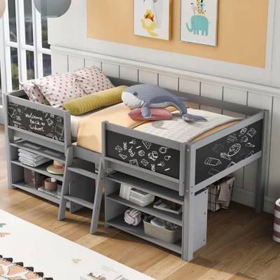 Twin Size Low Loft Bed with Two Removable Shelves, Ladder and Decorative Rail Chalkboard - ModernLuxe Twin Size Low Loft Bed With Two Removable Shelves, Ladder And Decorative Rail Chalkboard - ModernLuxe -Children'S Home Furnishings Store GUEST 6fa88592 bea6 46be bb4f 46d5d03a2f5e