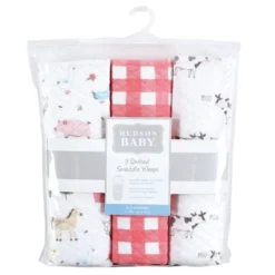 Hudson Baby Infant Girl Quilted Cotton Swaddle Wrap 3pk, Girl Farm Animals, 0-3 Months