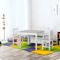 Qaba 4-Piece Kids Table Set With 2 Wooden Chairs, 1 Storage Bench, And Interesting Modern Design