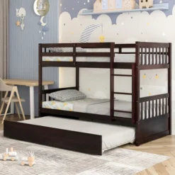 Costway Twin Over Twin Bunk Bed With Twin Trundle Solid Wood Frame Espresso/White -Children'S Home Furnishings Store GUEST a765f096 c2e7 4e47 a740 115ae8f305c5