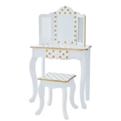 Fashion Polka Dot Gisele Play Vanity Set With Led Mirror White/Gold - Teamson Kids