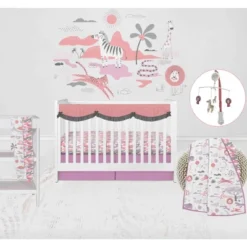 Bacati - Jungle Safari Girls Lilac/Coral Muslin 8 Pc Crib Bedding Set With 2 Swaddling Blankets