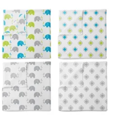 Bacati - Elephants Aqua/Lime/Gray Muslin Swaddling Blankets Set Of 4