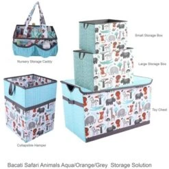 Bacati - Safari Animals Aqua/Orange/Gray Collapsible Laundry Hamper -Children'S Home Furnishings Store GUEST e5930365 866e 4d3b 8e6a 95089ad6b10a